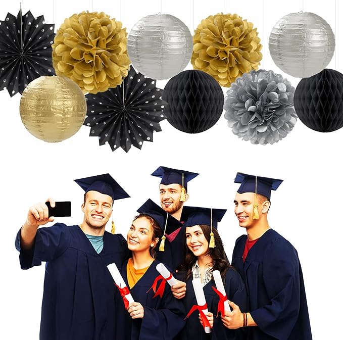 Black Gold Silver Party-Decorations Streamers-Lanterns - Image 2