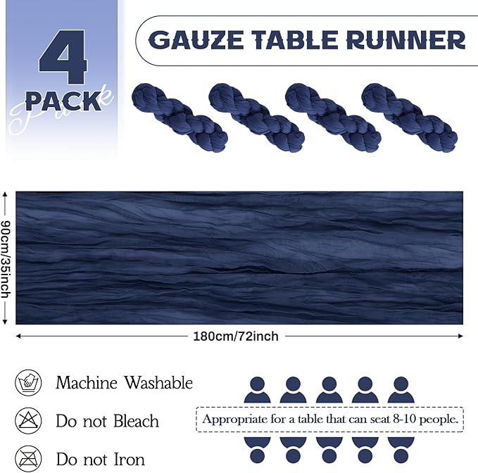 Aktor 4 Pack Navy Blue Table Runner Boho Cheesecloth Table Runner Semi Sheer - Image 2