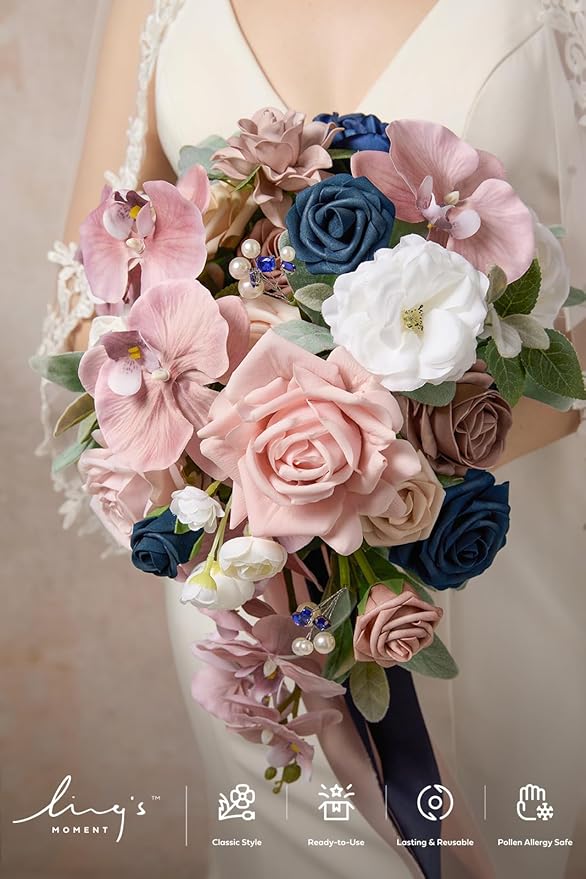 Ling's moment Pink Blue Bridal Bouquet Cascading, Dusty Rose Navy Wedding - Image 5