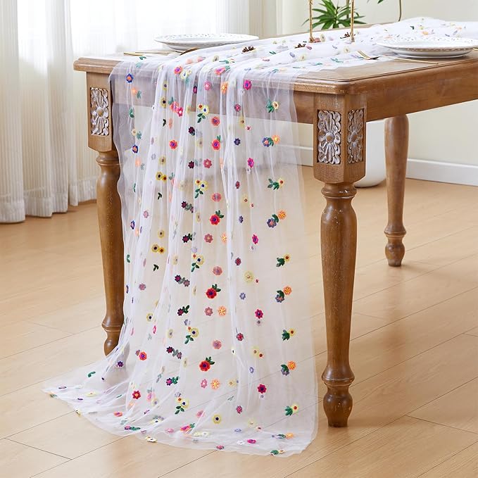 JIALE 3 Pack Ivory Floral Table Runner, Embroidery Daisy Seasonal Table - Image 2