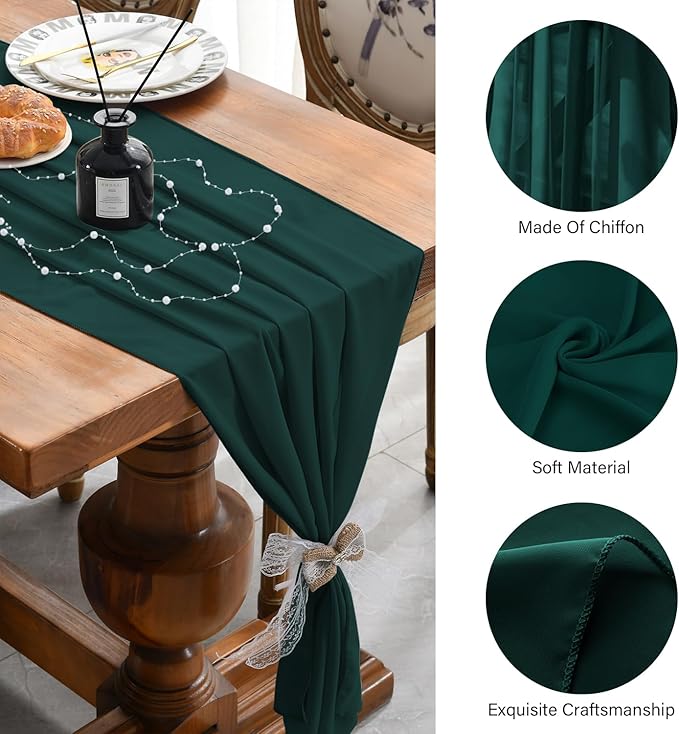 2 Pack 10 Ft Chiffon Table Runner Emerald Green Gauze Long Table Runners 27x120 - Image 6