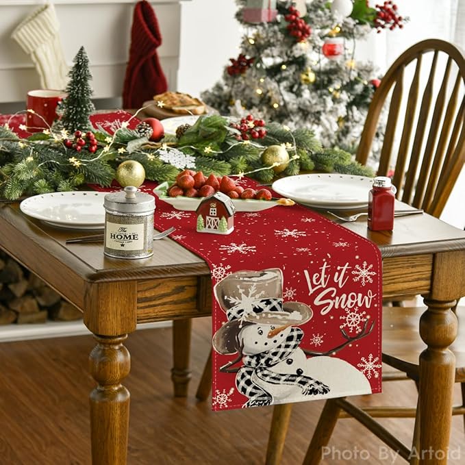 Artoid Mode Red Snowman Snowflake Let it Snow Winter Table Runner, Seasonal - Image 2