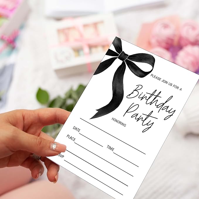 SIXEIGHT Black Bow Birthday Invitations, 20 Party Invitations - Image 3