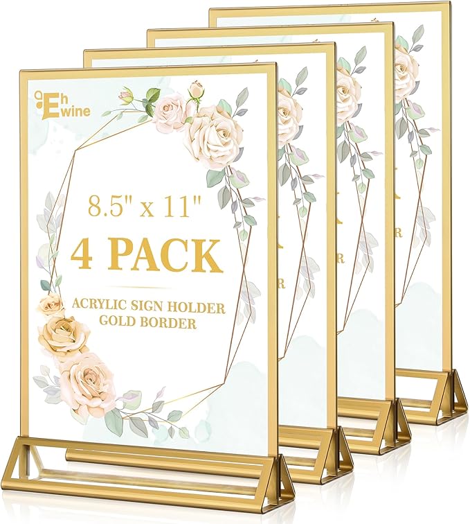 EHWINE 4 Pack Acrylic Sign Holder 8.5 x 11, Double Sided Gold Picture Frame by EHWINE