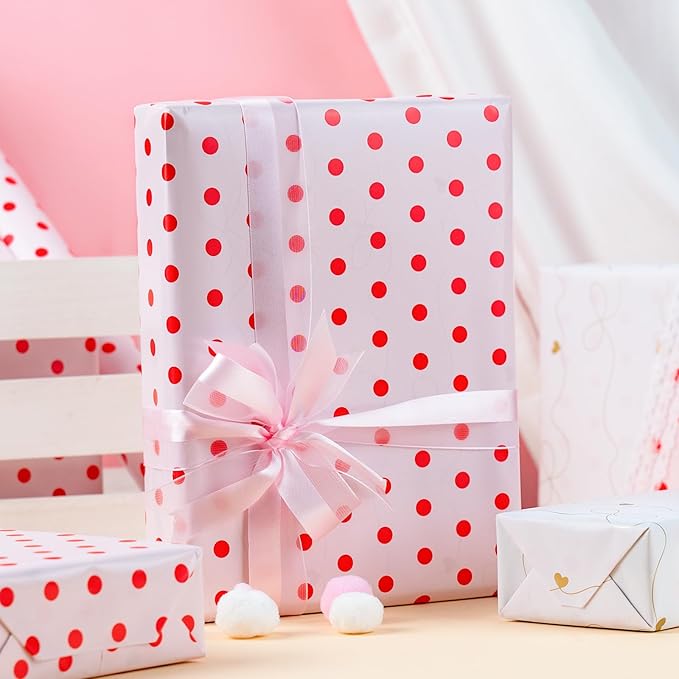 Flyhill Red Polka Dot Wrapping Paper, Reversible Pink Gold Elegant Bow & Heart - Image 2