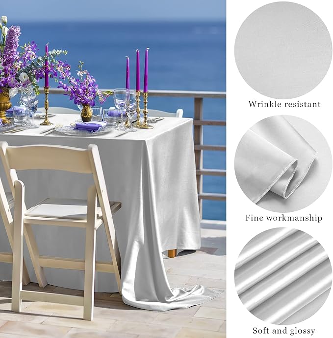 TURSTIN 4 Packs Silver Satin Tablecloth 102 x 58 Inch Overlay Satin Table Cover - Image 3