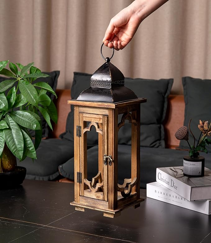 Large Farmhouse Decorative Wooden Lantern Set of 2, Rustic Brown Floor Lanterns - Image 4