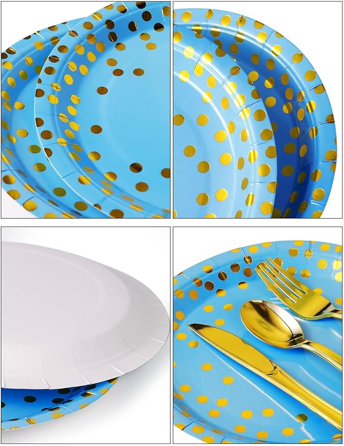 141 Pieces Sky Blue Gold Party Supplies, Party Dinnerware Sets Include Paper - Image 2