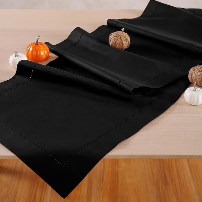 Black Table Runner 90 Inch–Cotton Linen Hemstitch Farmhouse Table Runner 14x90 - Image 2