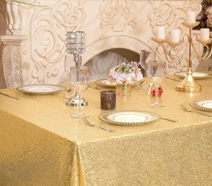 SquarePie Sequin Tablecloth 90 x 132 Inch Gold Sparkly Table Cloth - Image 9