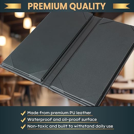2 Pack 6 View Menu Holder Menu Covers 4.25" x 11" | Black Leather Menu Sleeves - Image 3