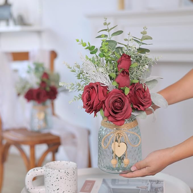 Faux Flowers with Vase, Artificial Silk Roses in Vase, Fake Plant Eucalyptus - Image 4