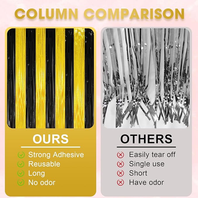 2 Pack Black and Gold Tinsel Foil Fringe Curtains, Metallic Tinsel Party - Image 5