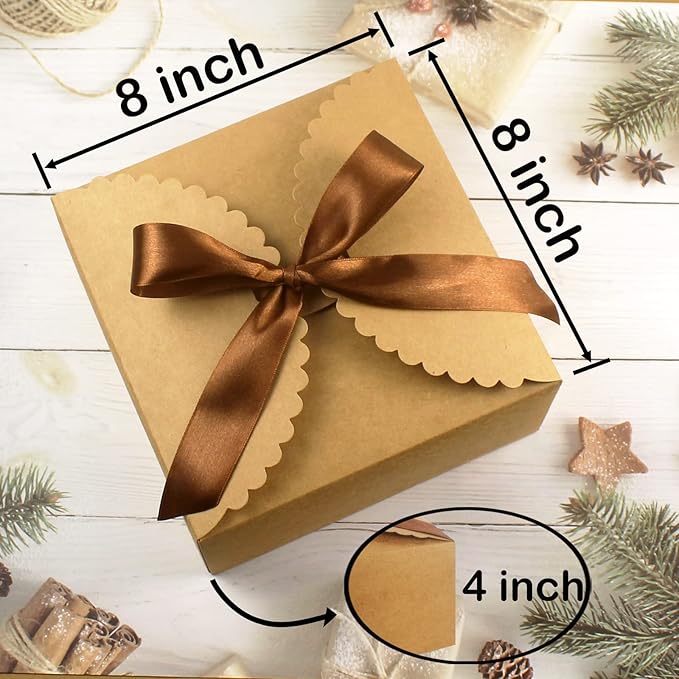 8"x 8"x 4" Kraft Gift Box with Lids and Ribbons, 6 Pack Foldable Brown Paper - Image 3