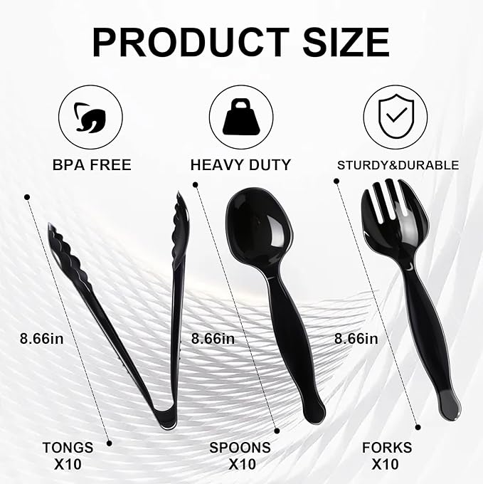 30 Pcs Disposable Black Plastic Serving Utensils, 10 Set Including 9" Plastic - Image 6