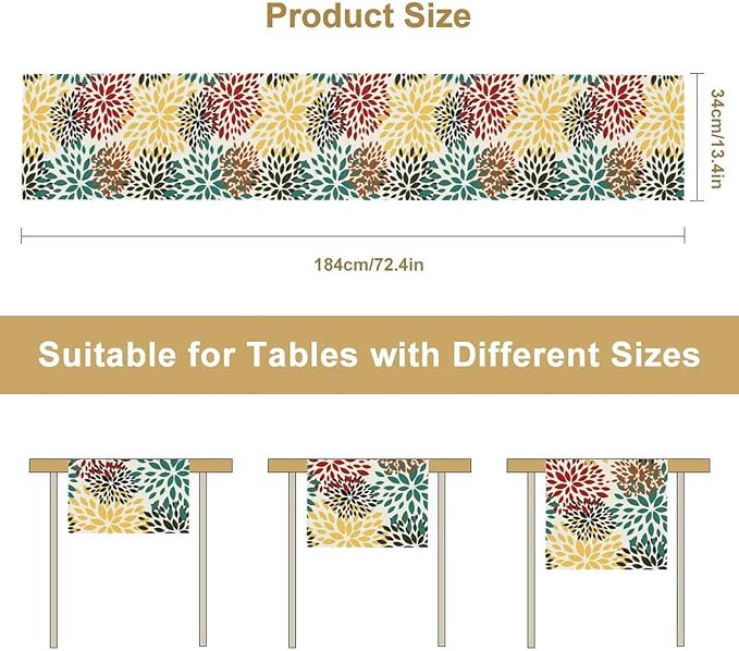 Green Red Dahlia Flower Table Runner Chrysanthemum Geometric Kitchen Dining - Image 3