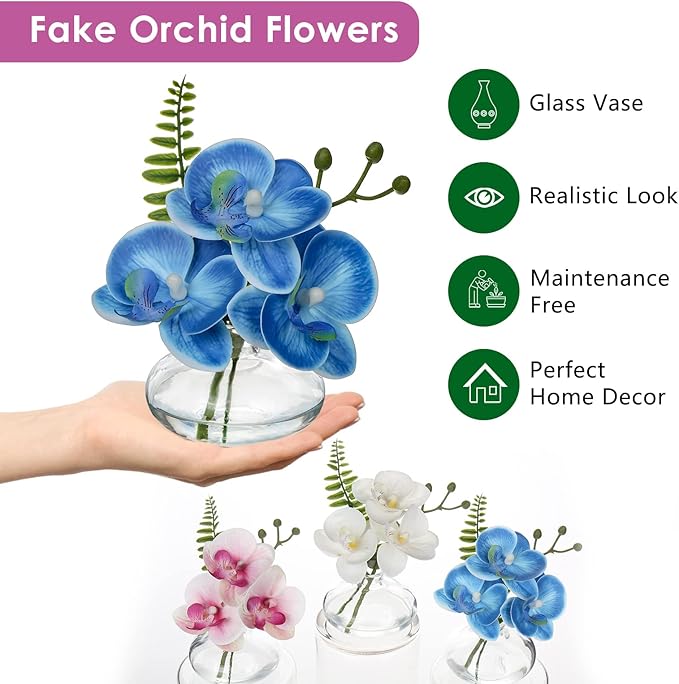 Blue Orchids Artificial Flowers Faux Orchids Arrangement in Clear Glass Vases - Image 3