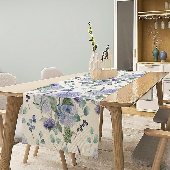 Spring Hydrangea Flower Table Runner, Seasonal Summer Plants Watercolor - Image 2