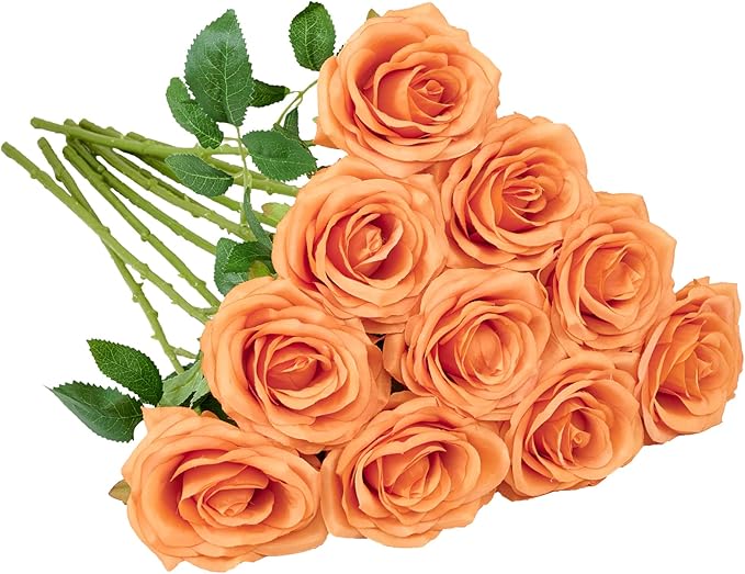 Artificial Rose 10pcs Orange Open Flower Bouquet Faux Rose Stems by IUKnot