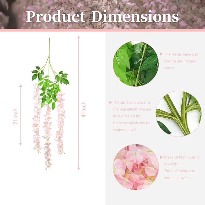 24 Pack Light Pink Wisteria Hanging Flowers, 3.4 Ft Fake Hanging Flowers - Image 2