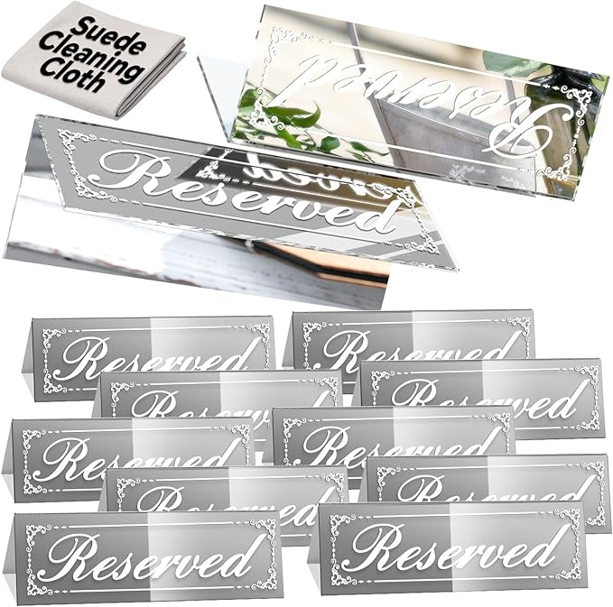 12 Pcs 6" x 2" Silver Reserved Table Signs, Mirrored Double Sided Table Tent by Framokoko