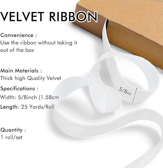 White Velvet Ribbon 5/8'' 25 Yards - Image 2
