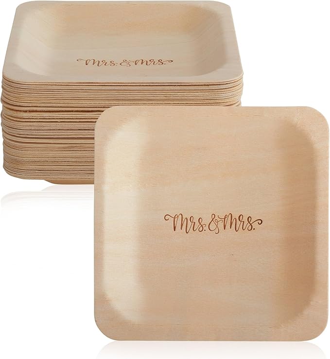 Mrs. and Mrs. Disposable Wedding Plates – Rustic, Compostable Alternative to by WoodWonder