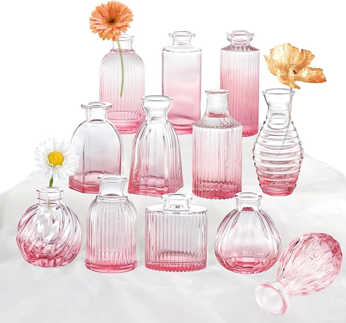 Pink Vase, Glass Bud Vases Set of 12, Small Pink Glass Vases by PHUNTTEK