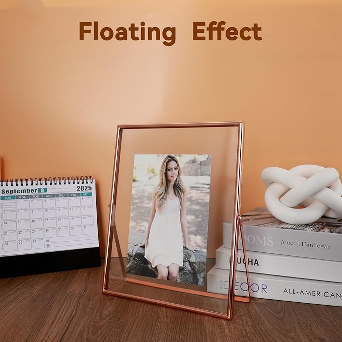 Rose Gold Floating Frame, For Picture 7x9, Tabletop Shelf Photo Frame For Lady - Image 4