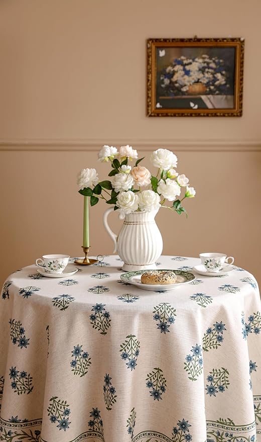 ISAENNE Designer White Linen Small Round Tablecloth, Chinoiserie Floral Elegant - Image 3