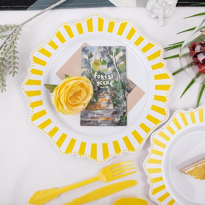 COLOSUS 150pcs Disposable White Lemon Yellow Striped Plastic Party Plates and - Image 4