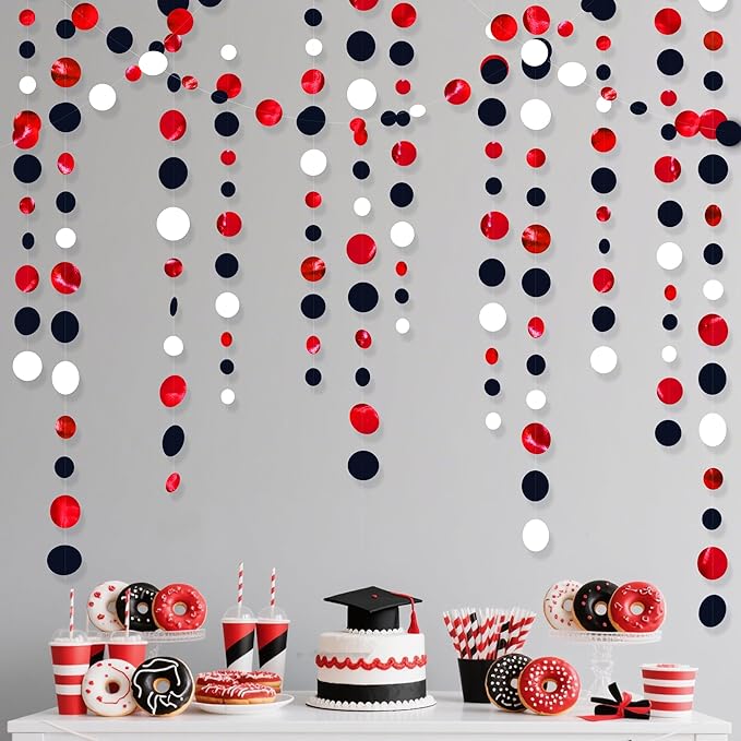 46 Ft Red Black and White Circle Dots Garland Hanging Paper Polka Dots Streamer by pinkblume