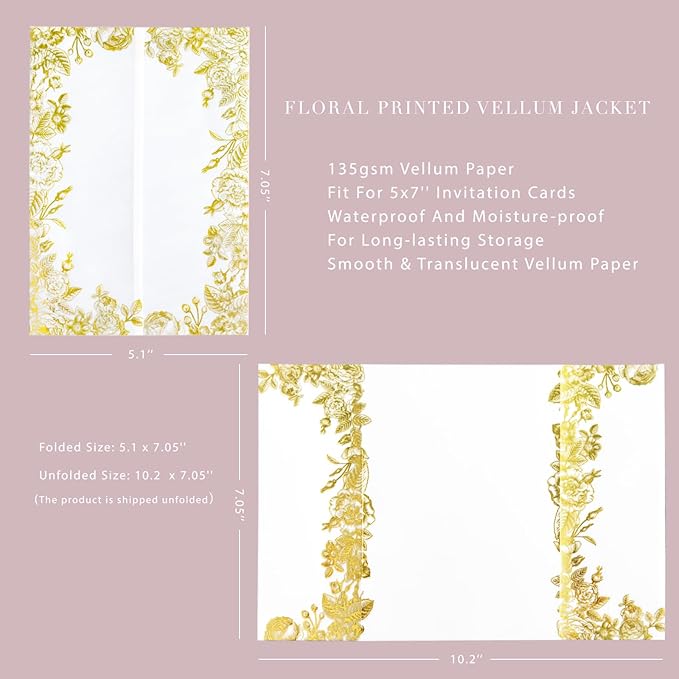PONATIA 50 PCS Vellum Jackets for 5x7 Wedding Invitation Cards- 135gsm Floral - Image 4