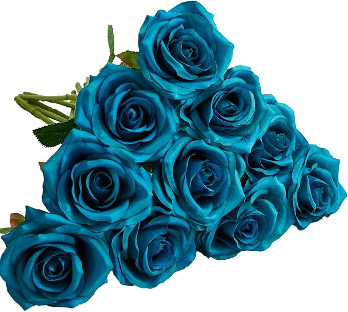 Teal Artificial Rose 10pcs Open Flower Bouquet Faux Rose Stems Turquoise Blue by IUKnot