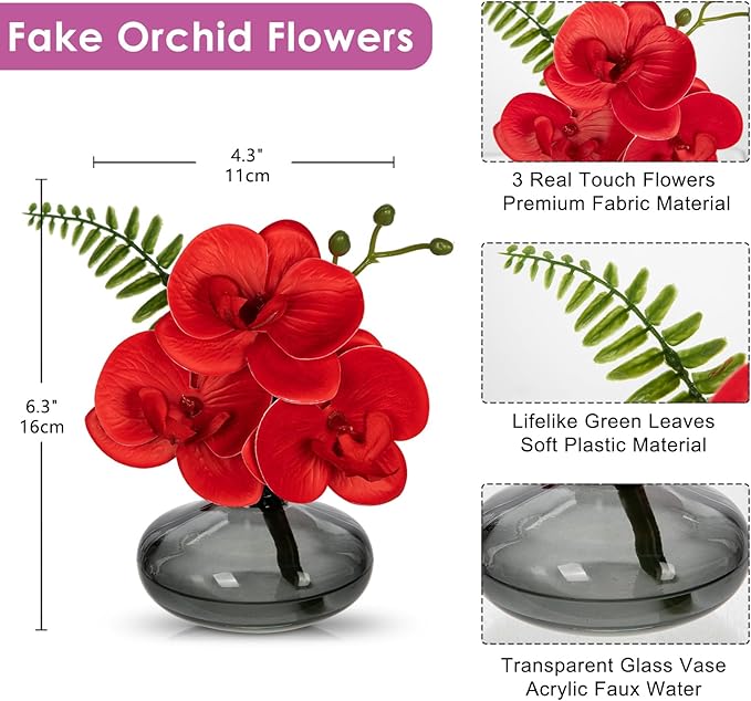 Red Orchids Artificial Flowers Faux Orchids Arrangement in Black Glass Vases - Image 3
