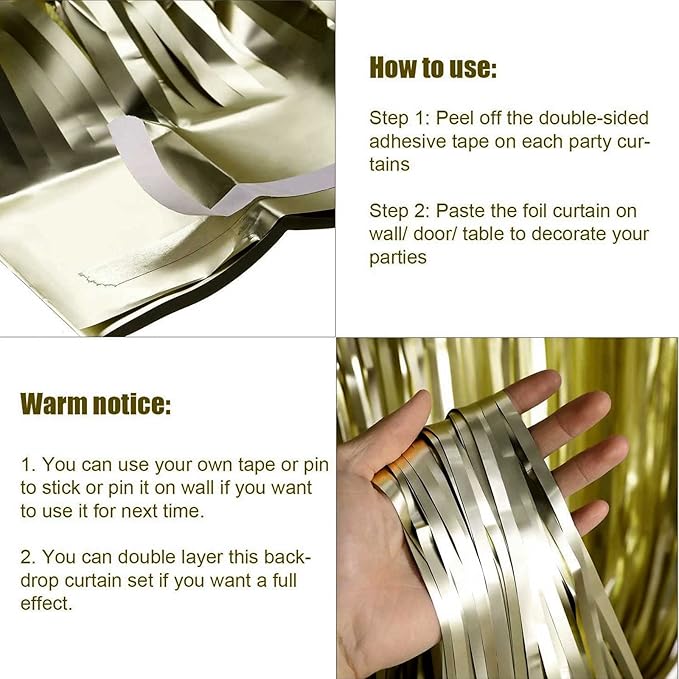 4 Pack Light Gold Foil Fringe Curtain Backdrop, 3.28Ft x 8.2Ft Metallic Tinsel - Image 3
