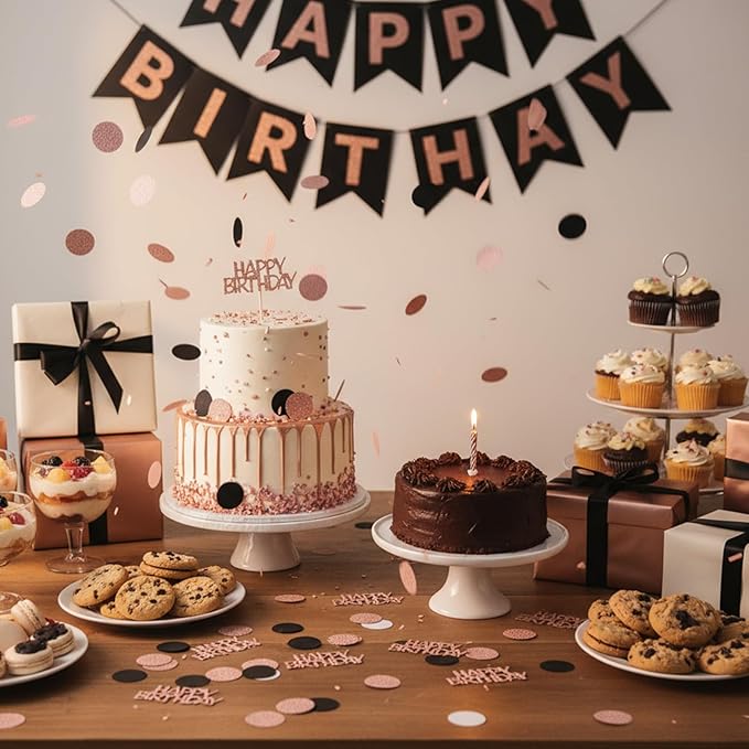 100Pcs Rose Gold and Black Happy Birthday Glitter Confetti, Polka Dot pink - Image 6