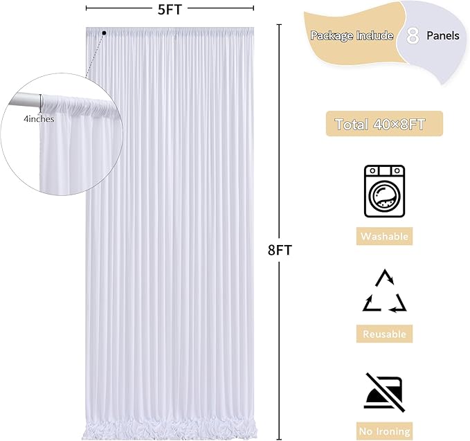 40 ft x 8 ft White Backdrop Curtain Drapes - Image 5