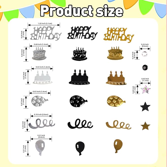 VHUWE Happy Birthday Confetti, 1.6 oz Black Gold Silver Cake Balloon Star - Image 2