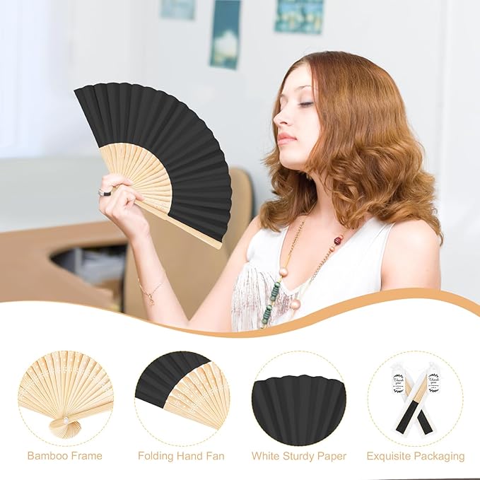 50Set Wedding Hand Fans Party Favors Black Paper Folding Handheld Fans Bulk - Image 3