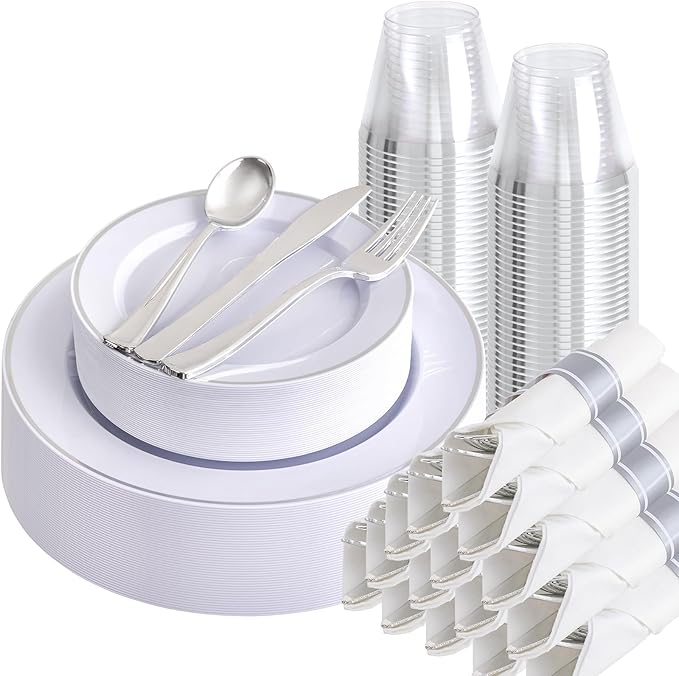 SUT 175 Pcs Silver Plastic Dinnerware Set by SeeYouTomorrow