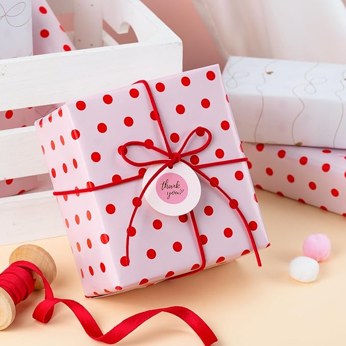 Flyhill Red Polka Dot Wrapping Paper, Reversible Pink Gold Elegant Bow & Heart - Image 5