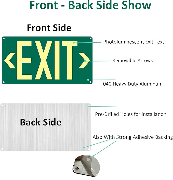 Photoluminescent Exit Sign, Glow In The Dark Aluminum Exit Sign Green - Image 5