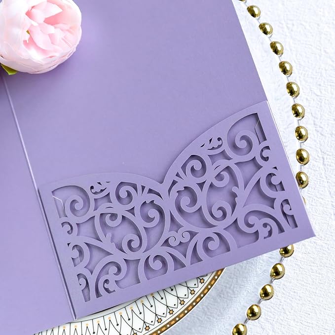 ponatia 20PCS Lilac Quinceanera Invitation Cards, Tri-Fold Laser Cut Wedding - Image 6