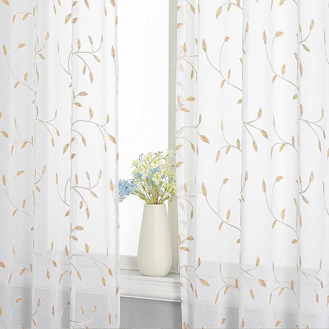 VISIONTEX White Sheer Voile Curtains, Decorative Orange Leaves Embroidery Faux - Image 5
