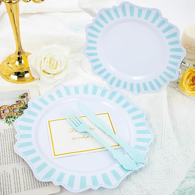 COLOSUS 150pcs Disposable Blue and White Striped Easter Plastic Party Plates - Image 7