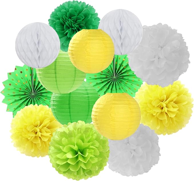 Yellow-White Green Party-Decorations Streamers-Lanterns by LastingSurprise