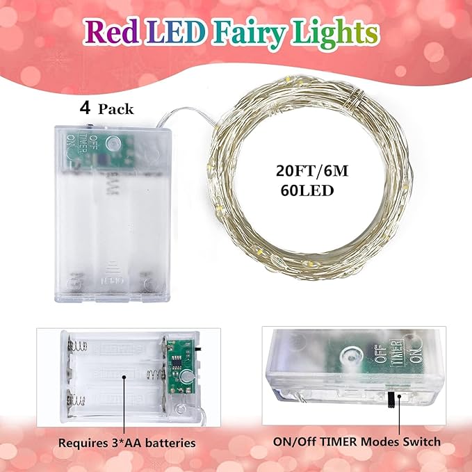 Red and Green Christmas String Lights, 4 Pack Fairy Lights Battery Operated - Image 5