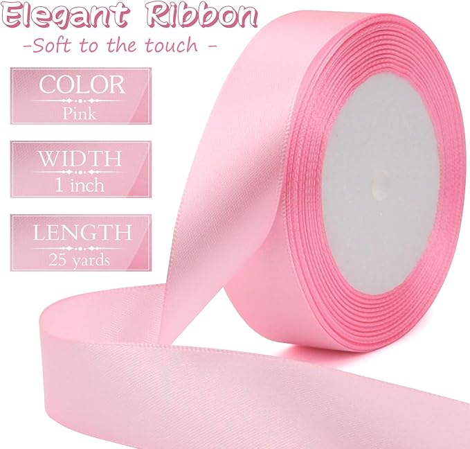 Pink Solid Satin Ribbon 1 Inch 25 Yards Solid Polyester Fabric Ribbon - Image 2