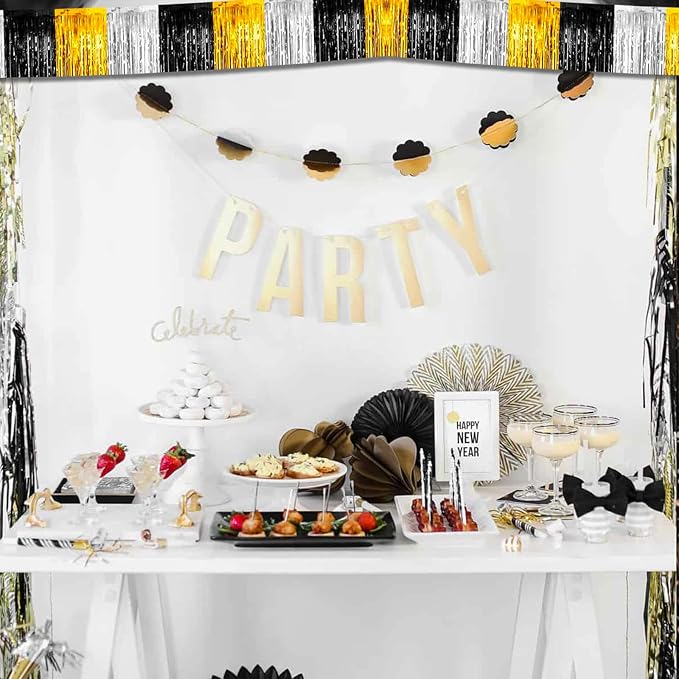 6 Pack 10 Feet Black Gold Silver Foil Fringe Garland Metallic Tinsel Streamers - Image 5